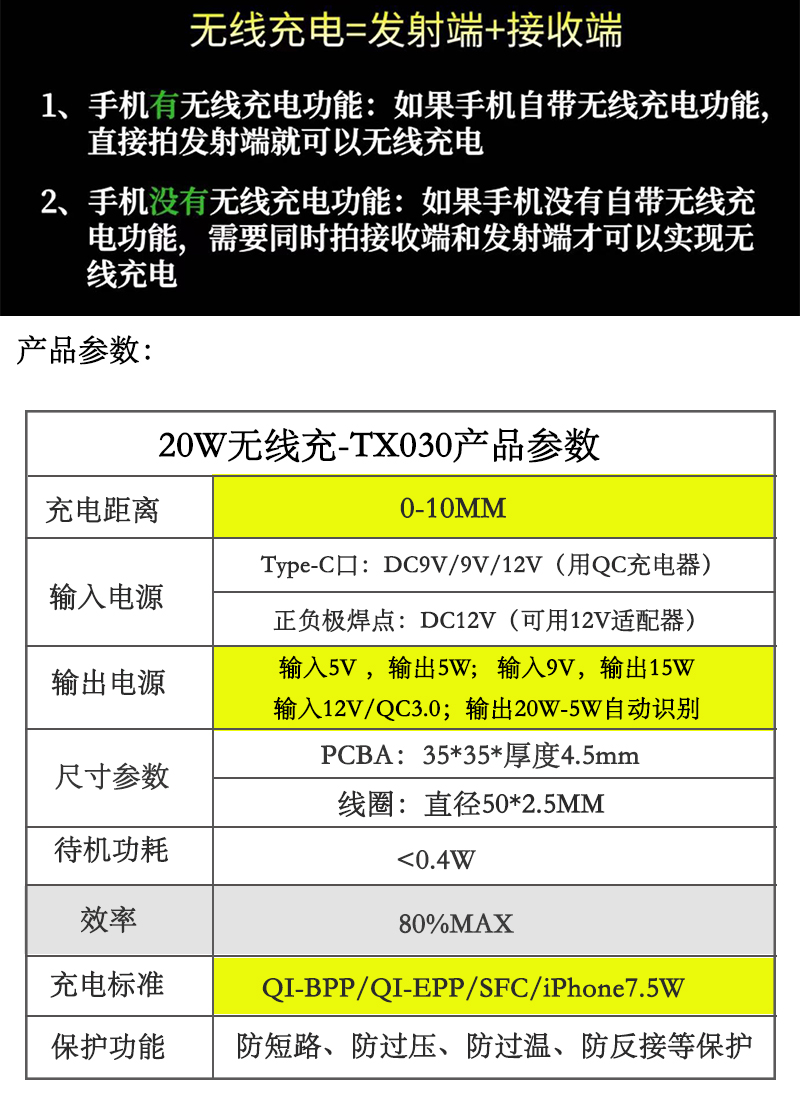 20W大功率隔10MM快充手機(jī)無線充電器模塊12V充電板發(fā)射端智能改裝